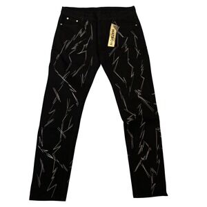NWT Watson Mens Black Lightning Bolt Embroidered Denim Jeans Size 34 Streetwear